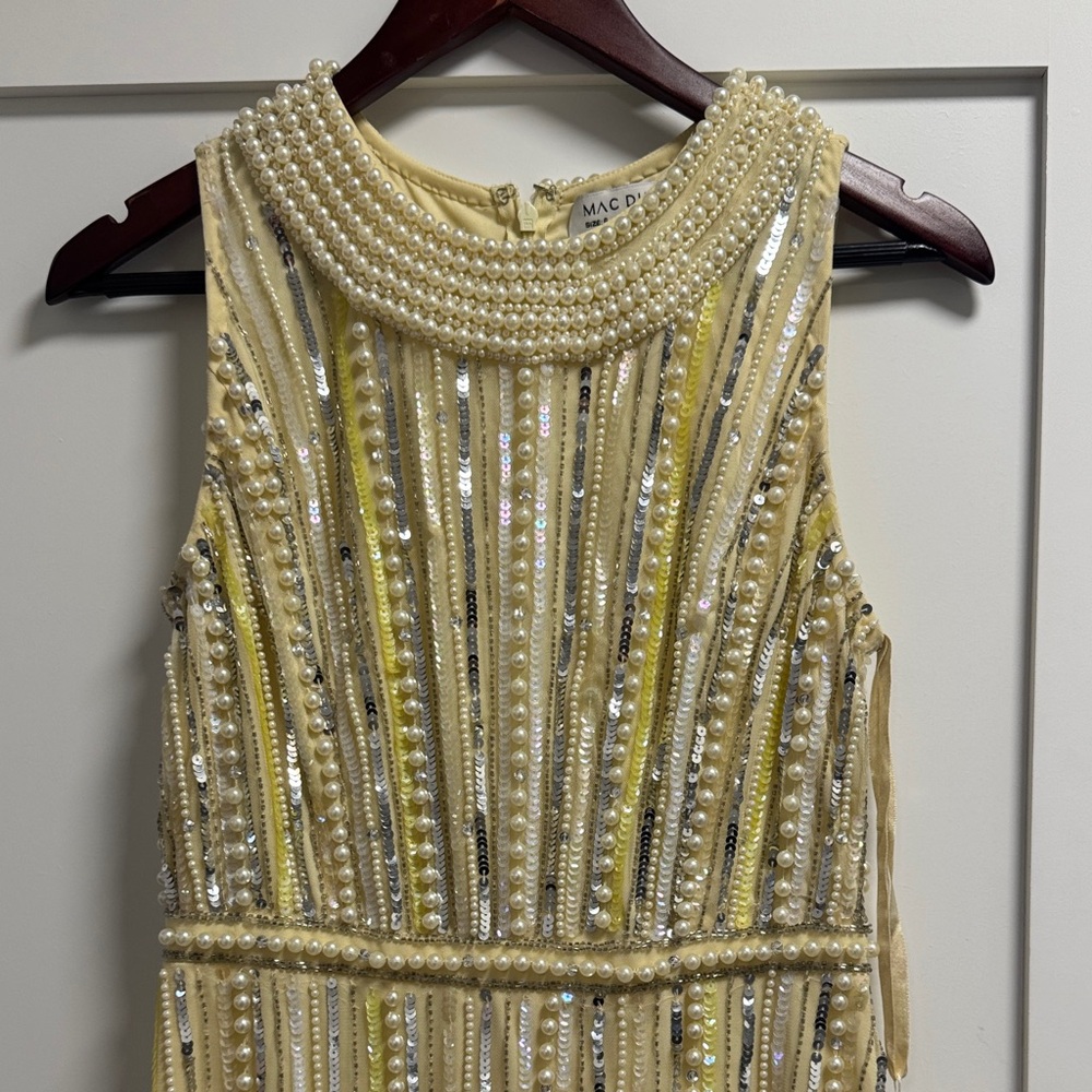 Mac Duggal Yellow Pearl Embellished Halter Neckline Sheath Midi Dress 93752